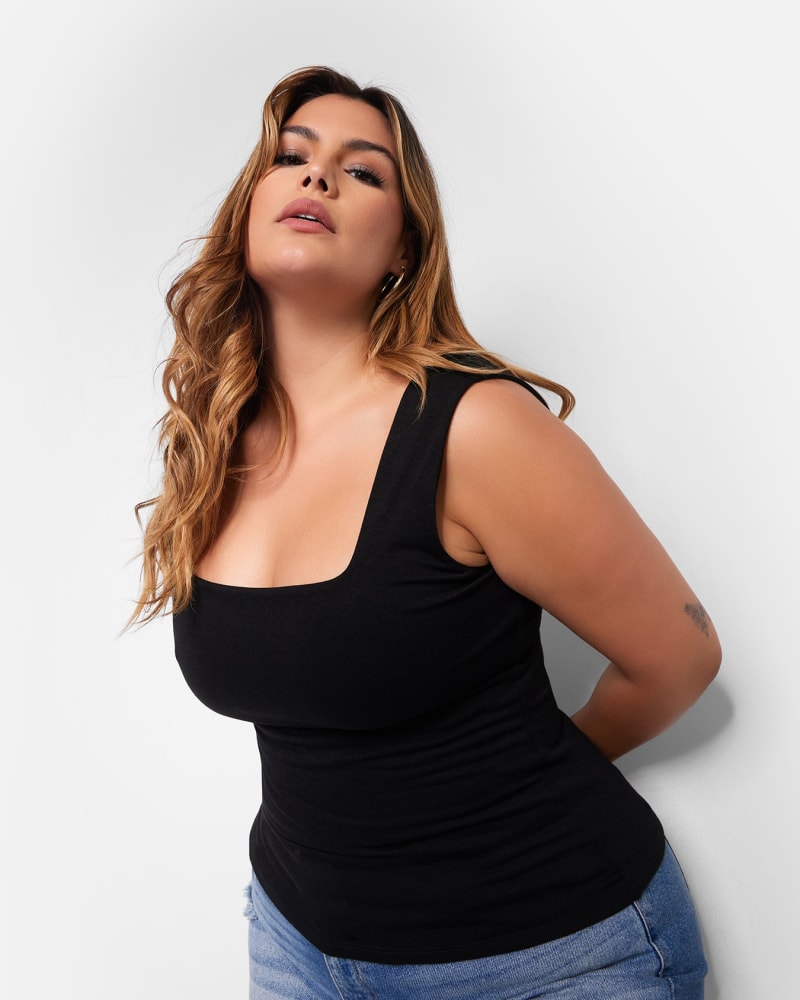 Side of a model wearing a size L Essential Square Neck Full Length Top - Black in Black by Rebdolls. | dia_product_style_image_id:321263